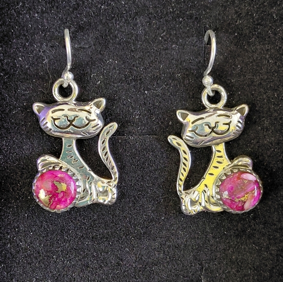 Jewelry - Silver Cat Earrings with Pink Dahlia Stones
